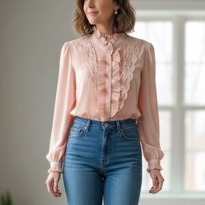 Vintage Peach Pink Lace Stand Up Collar Button Up Women Blouse Lace Sz S